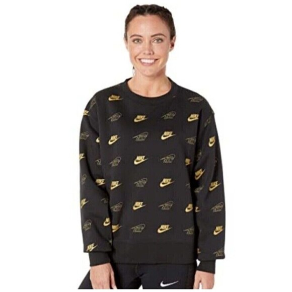 NIKE SPORTSWEAR WOMEN SHINE Small CREW SWEATSHIRT BLACK/METALLIC GOLD - Picture 1 of 9